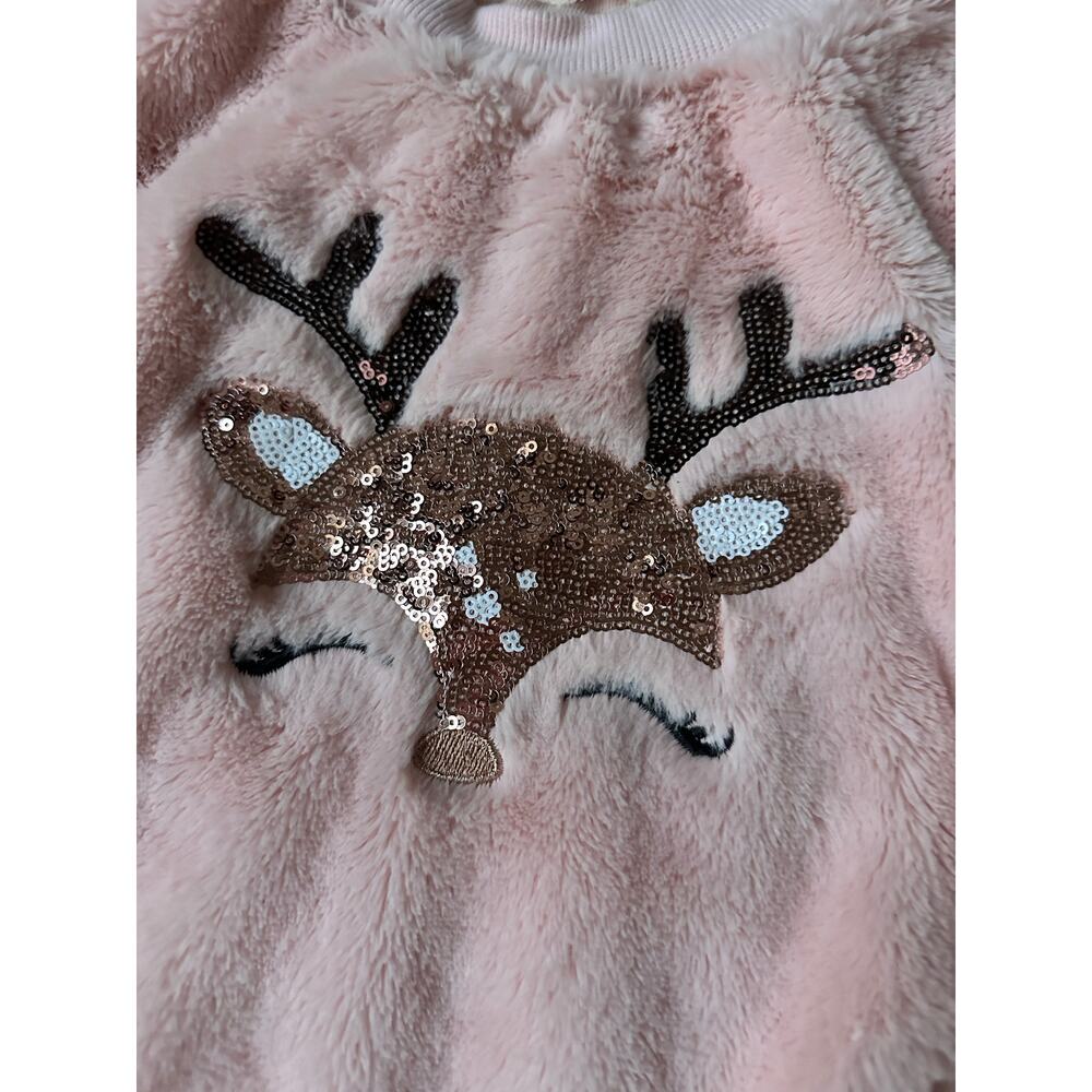 Girls Pink Fuzzy Deer Christmas Sweater - Size 7 - Picture 3 of 4